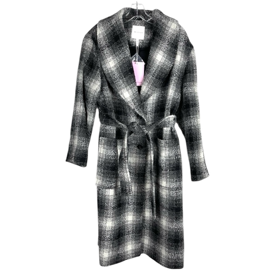 Avec Les Filles Plaid Tie Front Belted Wool Blend Coat New Size Xl Black White